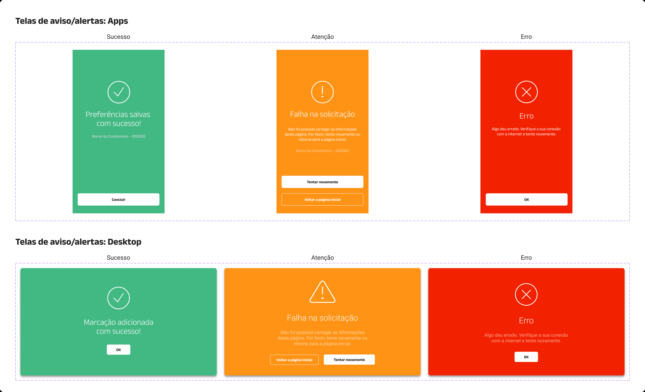 Telas de aviso e alerta, para apps e desktop