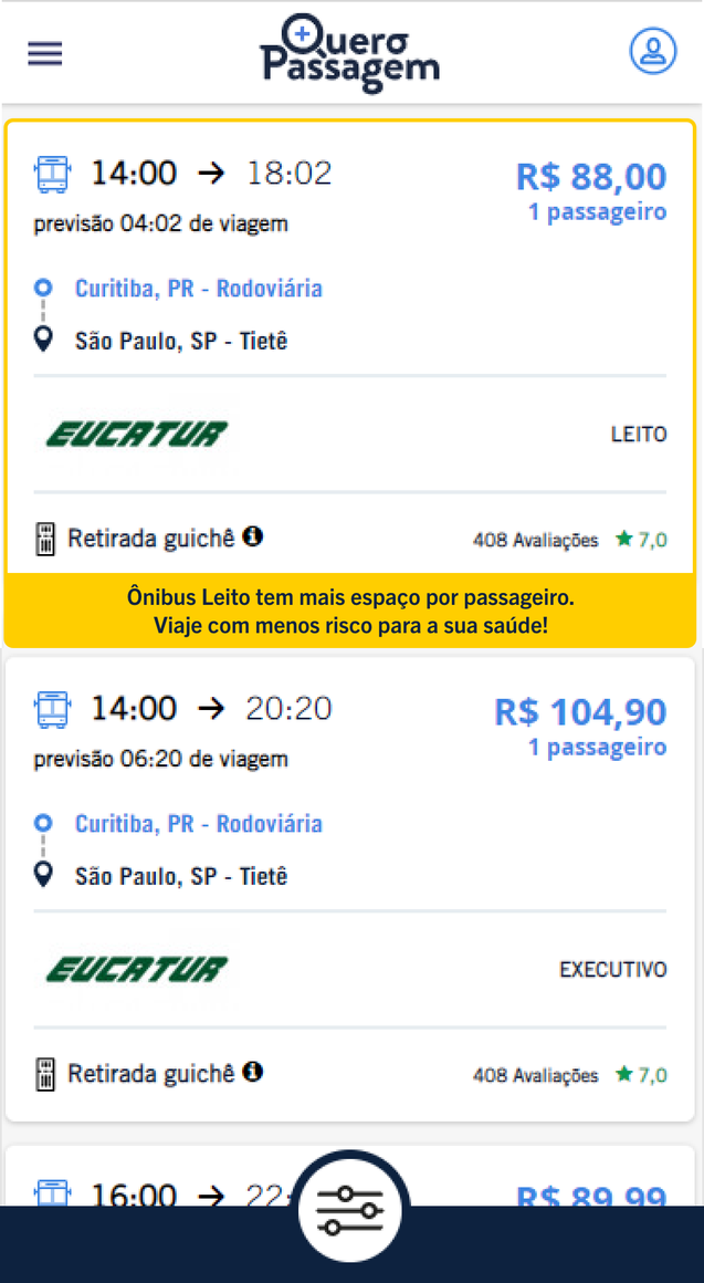 Tela de resultados de busca, mobile