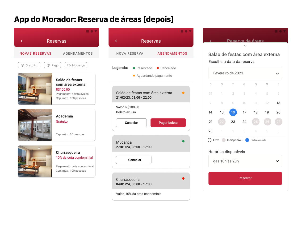 Novo fluxo de Reserva de áreas, com fotos reais e filtros