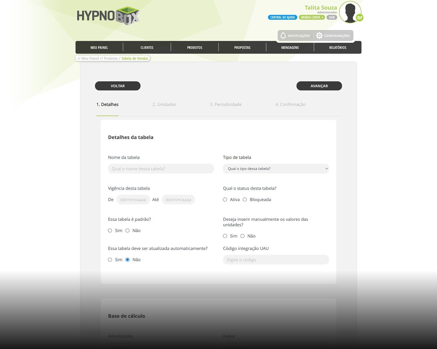 Tela antiga de configuração da Tabela de Vendas dentro do CRM, formulário longo em página única