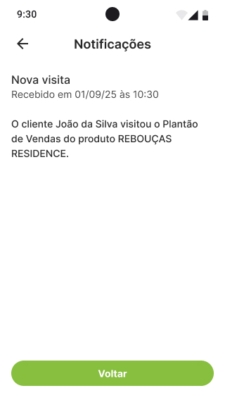 Notificação de nova visita, aberta em detalhe